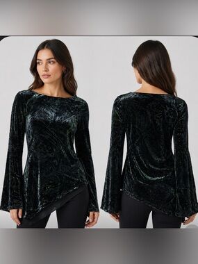 Vintage Papell Boutique Dark Green Velvet Burnout Asymmetrical Tunic